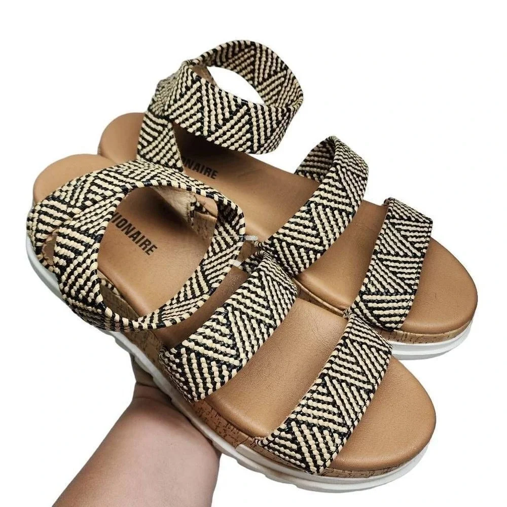 Cushionaire‎ Naomi Platform Sandal Woven Raffia Cork Wedge Black Beige 9.5M